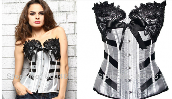 Corset Overbust Prata com Renda e Listras