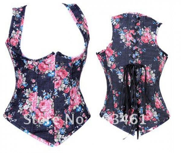 Corset Halter em Jeans Floral