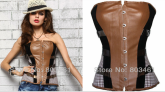 Corset Overbust Marrom Couro Falso com Fivelas